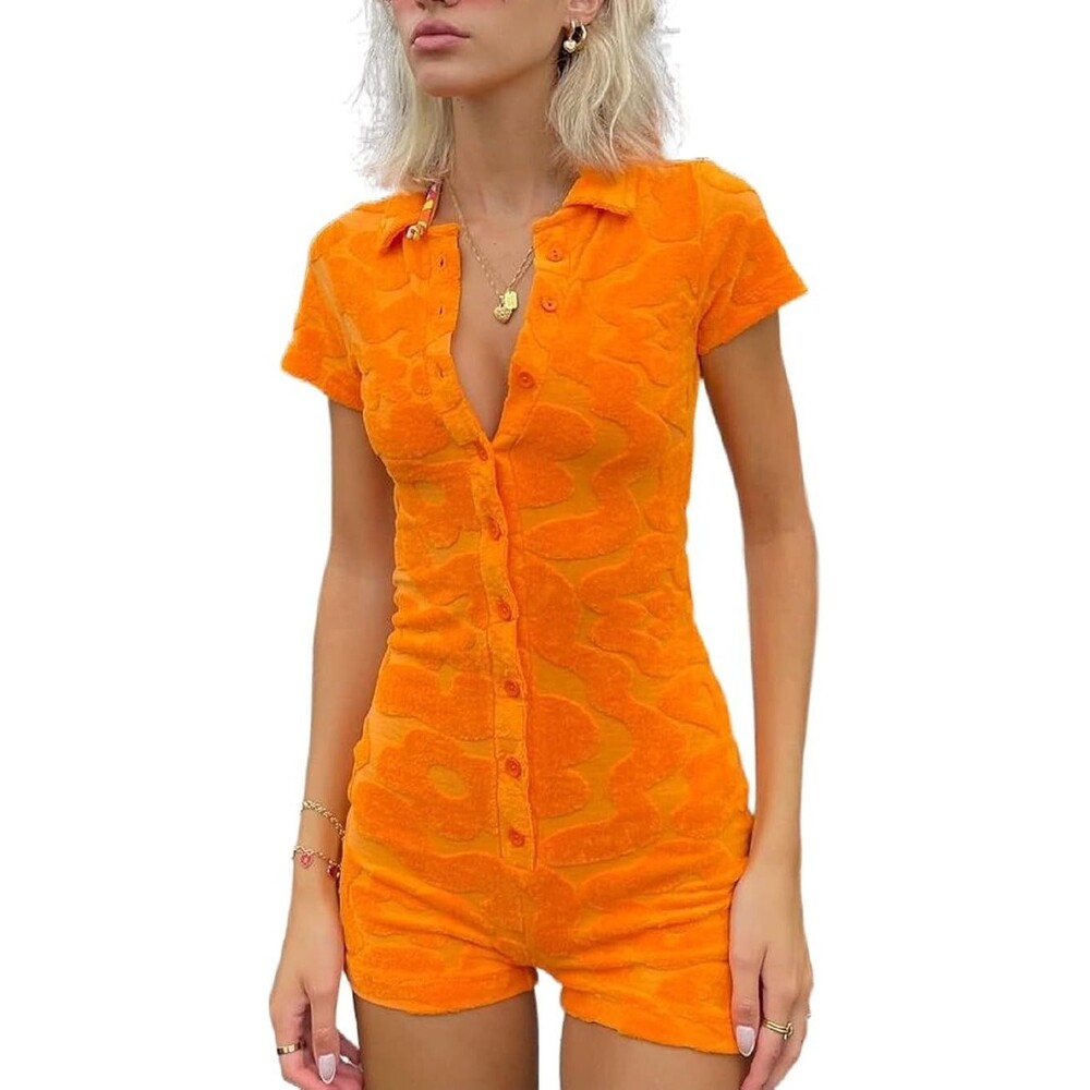 Short Sleeve Jumpsuit for Women, One Piece Bodysuit/Romper, Orange, Size: Large